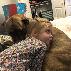 A little girl laying on her pitbull 